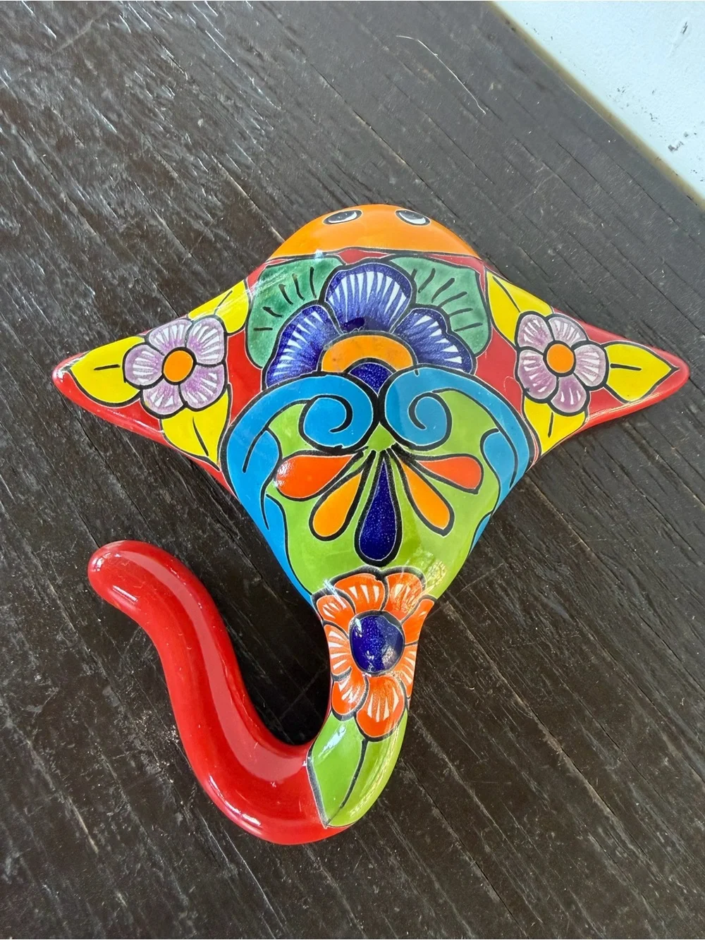 Hand-Painted Multicolor Talavera Stingray Wall Hook - Decorative Home Accent